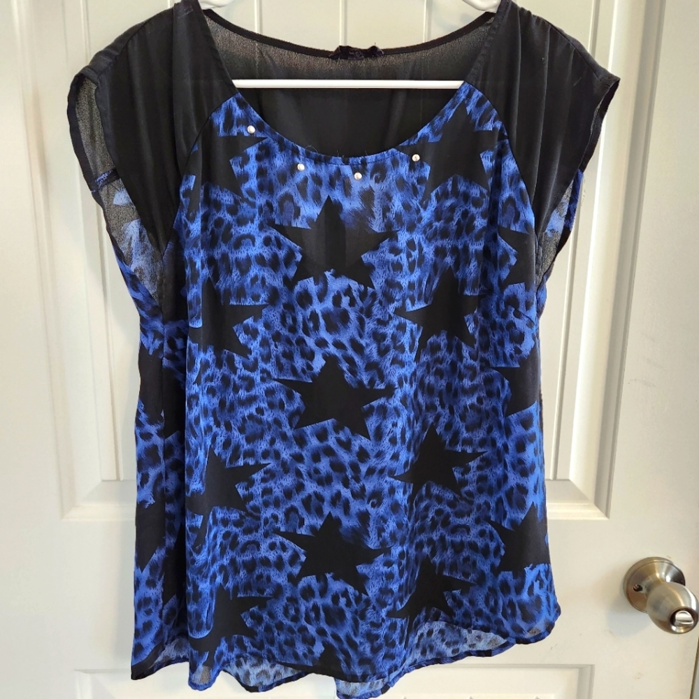 MINE Cheer Blue Leopard & Black Stars Blouse Size Medium